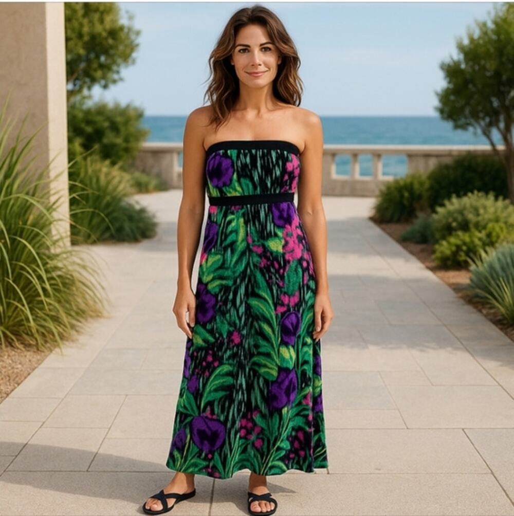 Vintage Hawaiian Floral Strapless Dress Size L